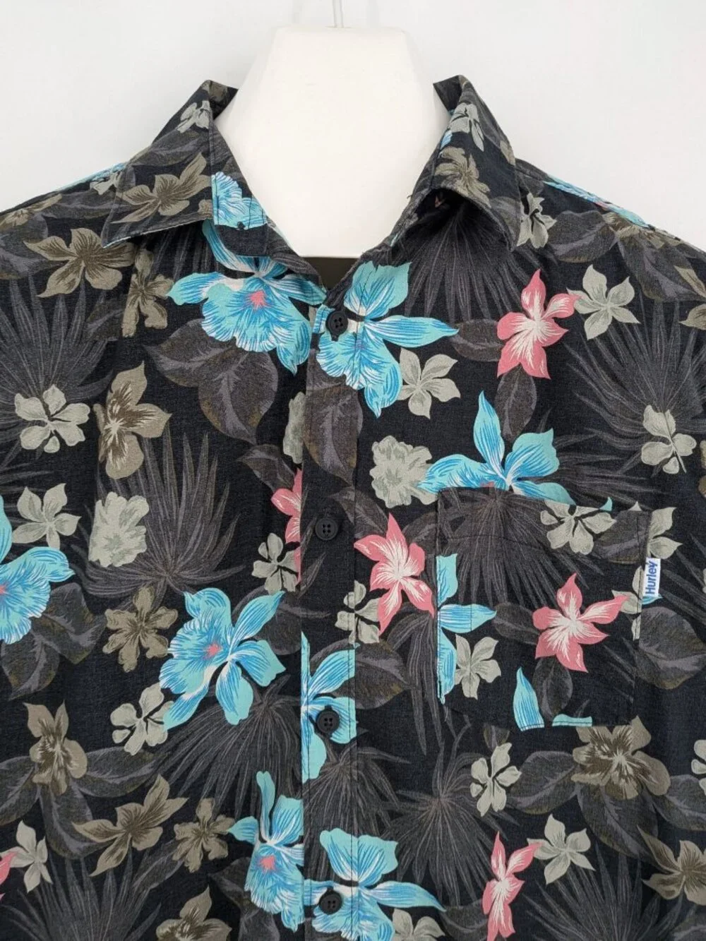 Hurley Floral Hawaiian Button Up Shirt Tropical Stretch Skater Surf Y2K‎ Large